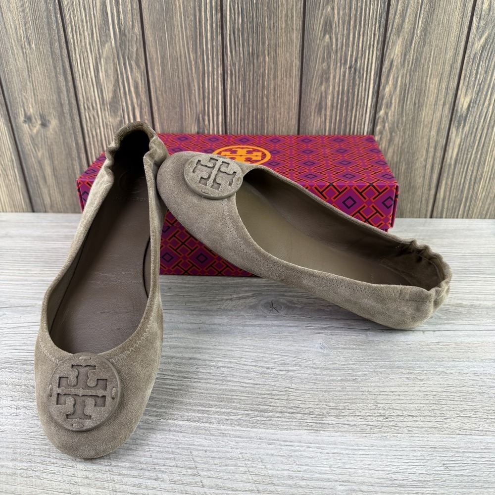 Tory Burch Minnie Suede Leather Travel Ballet Flat Brown, Women's 7.5 Authentic
